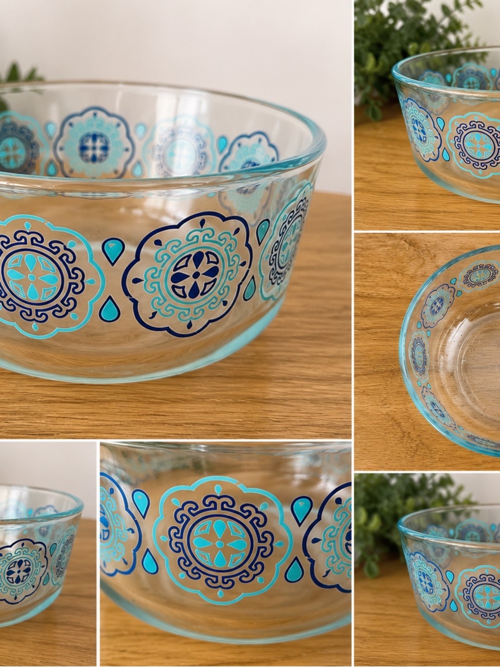 Pyrex Glass Mixing Bowl with Blue and Teal Medallion Pattern